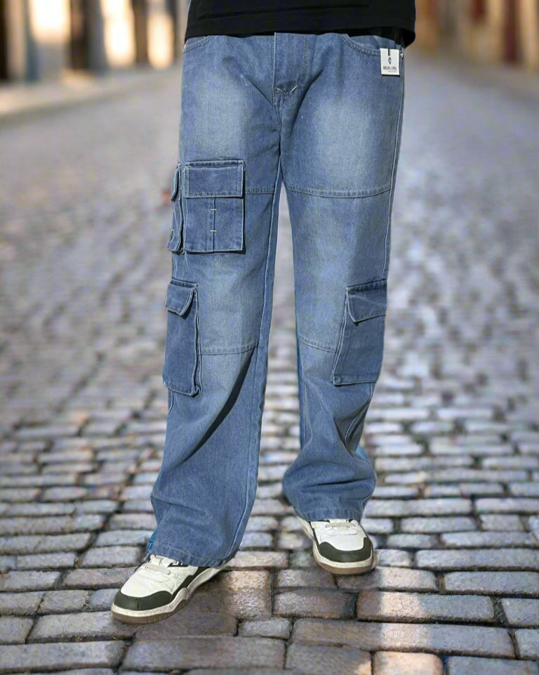Blue cargo pants with black top and shoes on a white background