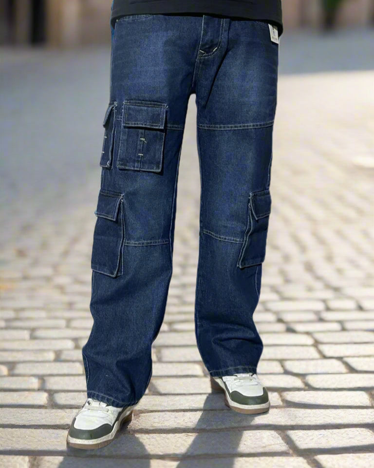 Blue cargo pants on a white background