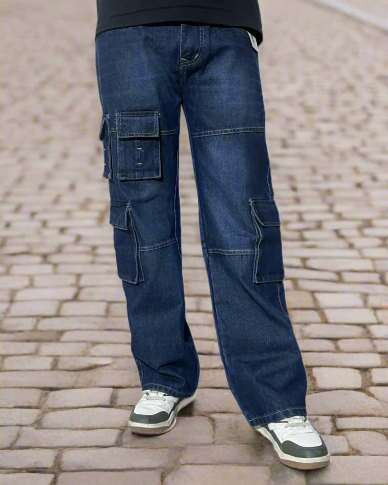 Blue cargo pants worn by a person on a white background
