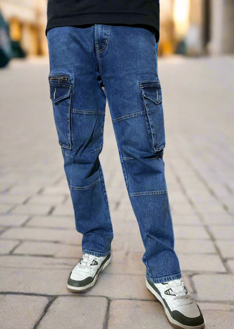 Blue cargo pants worn by a person on a white background